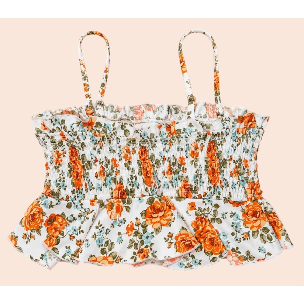 Cabana del Sol Floral Smocked Peplum Tankini Top Orange Rose Small‎ Cottagecore